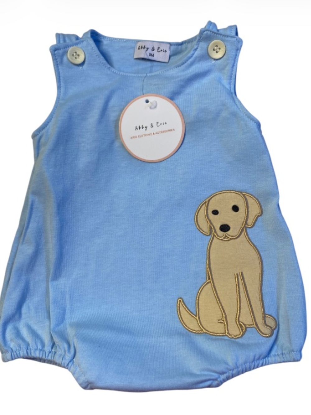 Abby & Evie Blue Romper with Tan Puppy Appliqué Unisex NWT size 3 months
